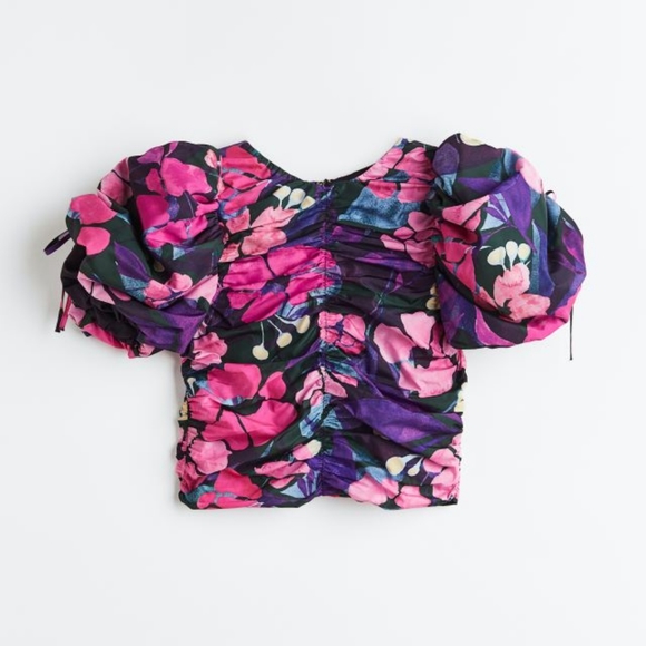 H&M Gathered Puff-sleeved Blouse Blouse Colorful Floral Print Sz M. NWOT - Picture 12 of 14